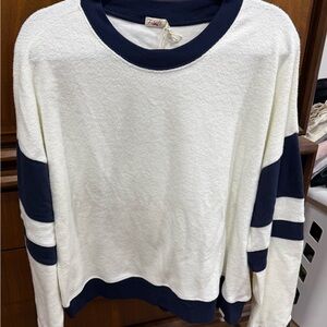 Faherty White and Navy Striped Sleeves Crewneck